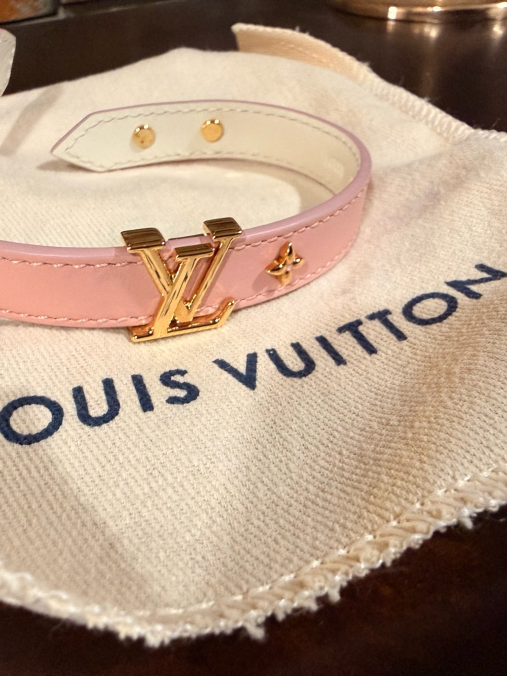 Louis Vuitton Pink Vernis Bracelet with Gold LV Monogram